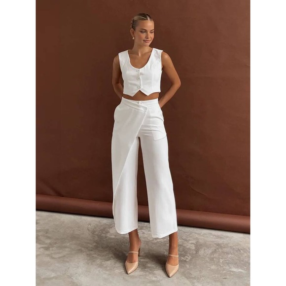 Commense White Two-Piece‎ Set Vest Crop Top Wide Leg Pants Party Cocktail Size M - Picture 1 of 17